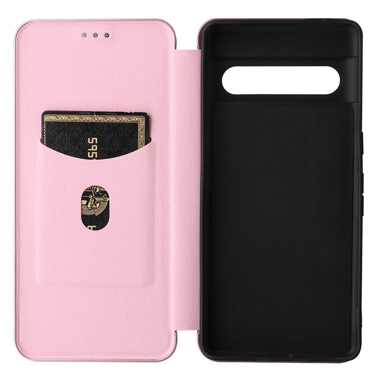 For Google Pixel 7 Pro 5G PU Leather Carbon Fiber Texture Cover Card Holder Stand Smartphone Protector - Rose Gold