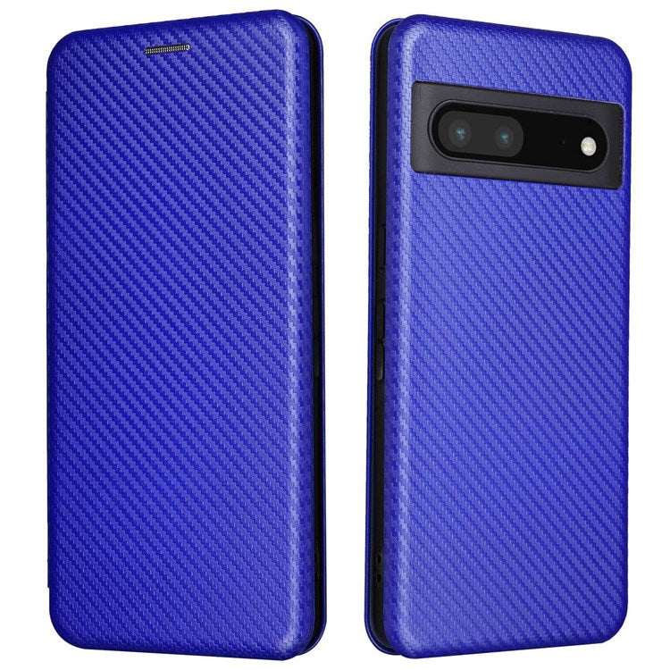 For Google Pixel 7 Pro 5G PU Leather Carbon Fiber Texture Cover Card Holder Stand Smartphone Protector - Blue