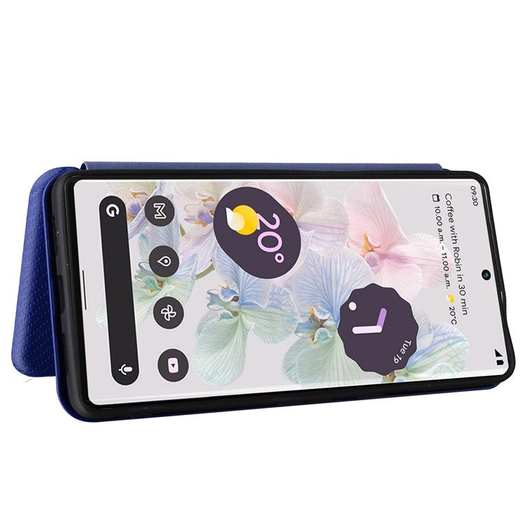 For Google Pixel 7 Pro 5G PU Leather Carbon Fiber Texture Cover Card Holder Stand Smartphone Protector - Blue