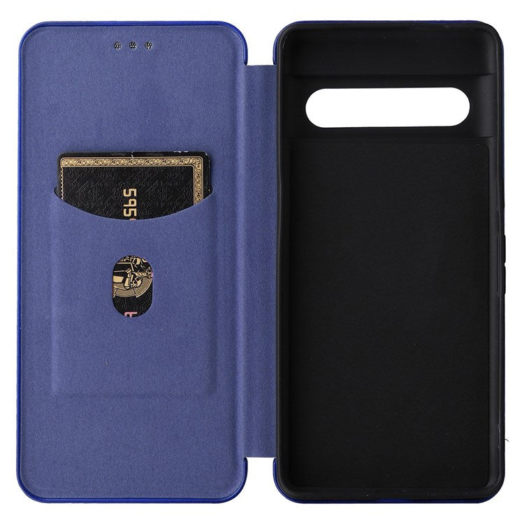 For Google Pixel 7 Pro 5G PU Leather Carbon Fiber Texture Cover Card Holder Stand Smartphone Protector - Blue