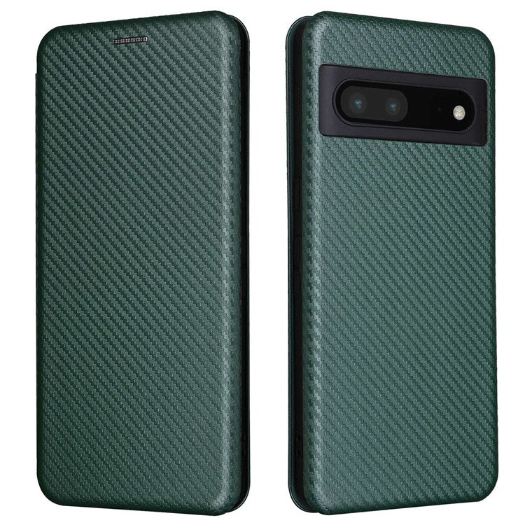 For Google Pixel 7 Pro 5G PU Leather Carbon Fiber Texture Cover Card Holder Stand Smartphone Protector - Green