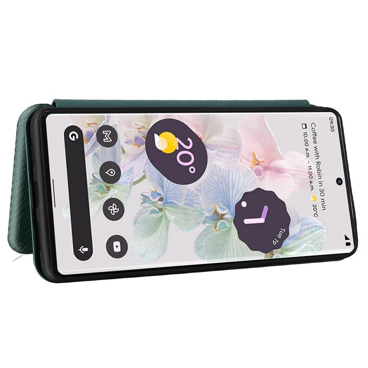 For Google Pixel 7 Pro 5G PU Leather Carbon Fiber Texture Cover Card Holder Stand Smartphone Protector - Green