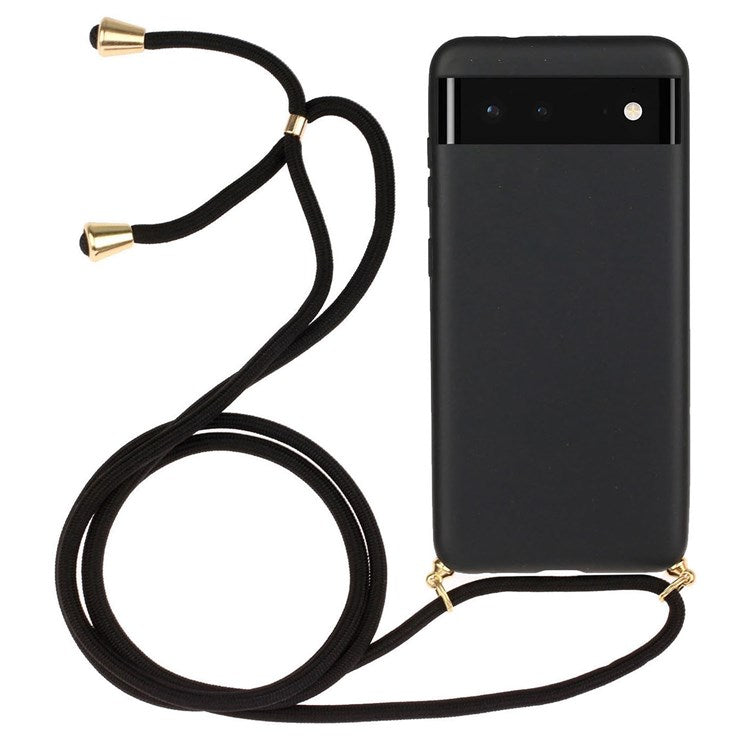 For Google Pixel 6 Flexible TPU + Wheat Straw Slim Fit Scratch Resistant Back Cover with Adjustable Lanyard - Black