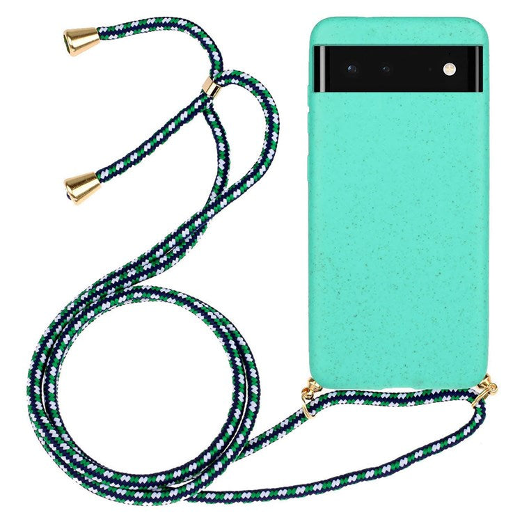 For Google Pixel 6 Flexible TPU + Wheat Straw Slim Fit Scratch Resistant Back Cover with Adjustable Lanyard - Sky Blue