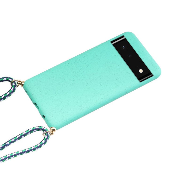 For Google Pixel 6 Flexible TPU + Wheat Straw Slim Fit Scratch Resistant Back Cover with Adjustable Lanyard - Sky Blue