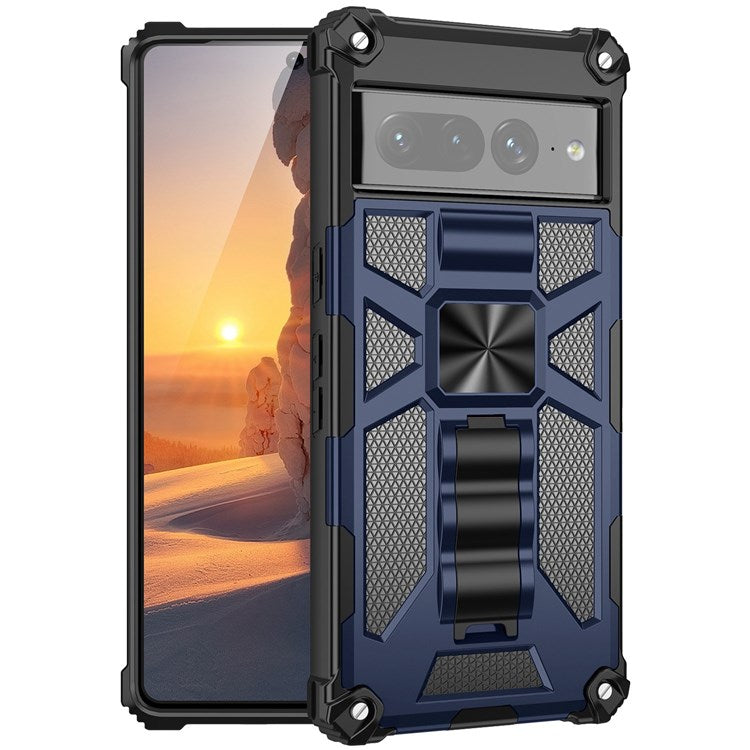 For Google Pixel 7 Pro 5G Phone Case Kickstand Design Shockproof Anti-scratch Inner TPU + Hard PC Back Shell - Blue