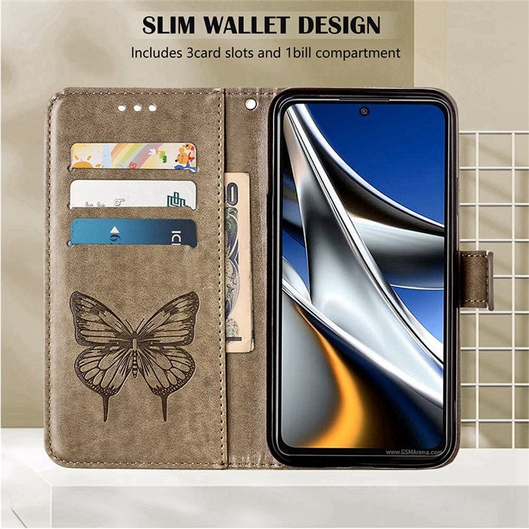 YB Imprinting Series-4 for Google Pixel 6a PU Leather Butterfly Flower Pattern Imprinted Flip Wallet Case Magnetic Closed Folding Stand Cover with Wrist Strap - Grey