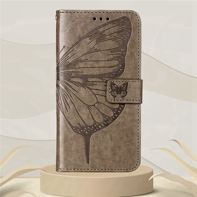 YB Imprinting Series-4 for Google Pixel 6a PU Leather Butterfly Flower Pattern Imprinted Flip Wallet Case Magnetic Closed Folding Stand Cover with Wrist Strap - Grey