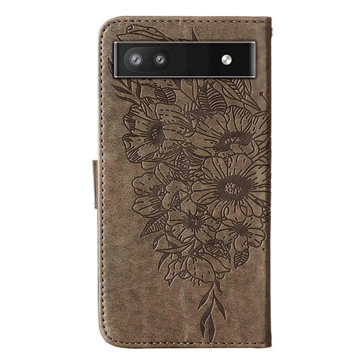 YB Imprinting Series-4 for Google Pixel 6a PU Leather Butterfly Flower Pattern Imprinted Flip Wallet Case Magnetic Closed Folding Stand Cover with Wrist Strap - Grey