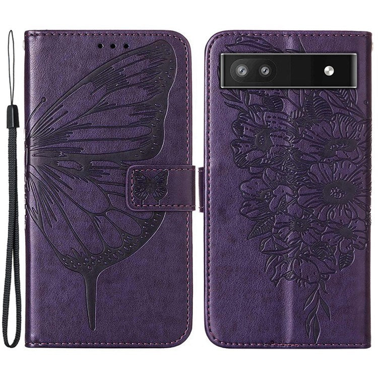 YB Imprinting Series-4 for Google Pixel 6a PU Leather Butterfly Flower Pattern Imprinted Flip Wallet Case Magnetic Closed Folding Stand Cover with Wrist Strap - Purple