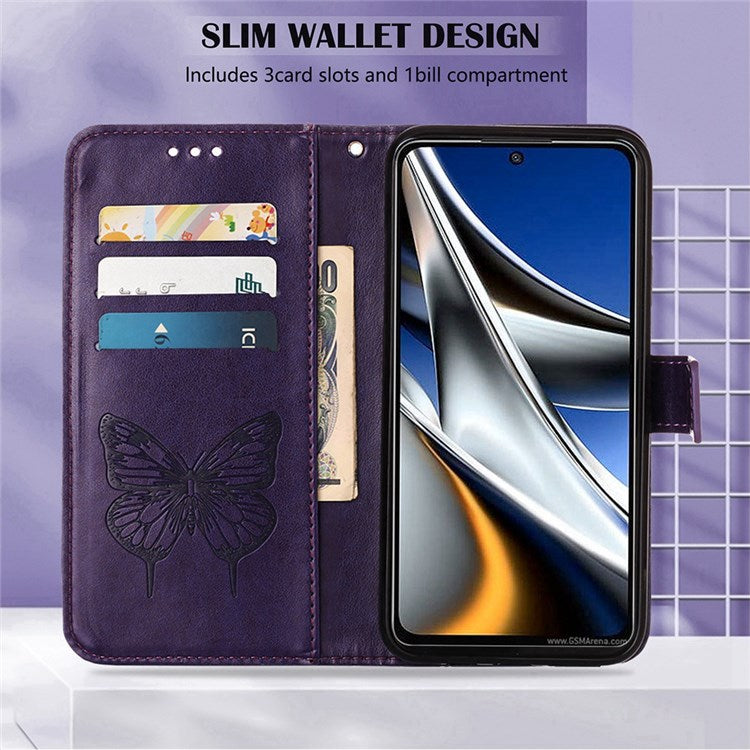 YB Imprinting Series-4 for Google Pixel 6a PU Leather Butterfly Flower Pattern Imprinted Flip Wallet Case Magnetic Closed Folding Stand Cover with Wrist Strap - Purple