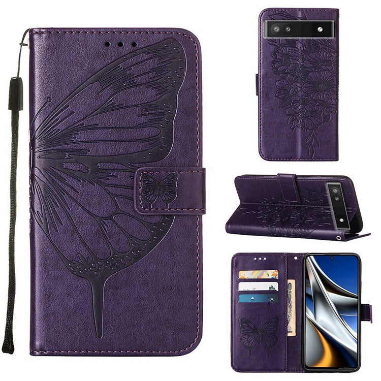 YB Imprinting Series-4 for Google Pixel 6a PU Leather Butterfly Flower Pattern Imprinted Flip Wallet Case Magnetic Closed Folding Stand Cover with Wrist Strap - Purple