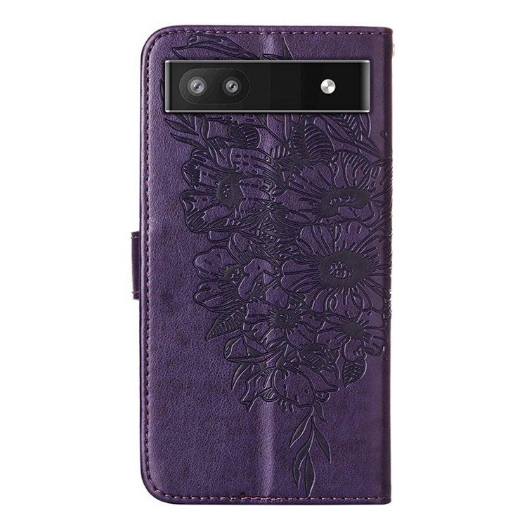 YB Imprinting Series-4 for Google Pixel 6a PU Leather Butterfly Flower Pattern Imprinted Flip Wallet Case Magnetic Closed Folding Stand Cover with Wrist Strap - Purple