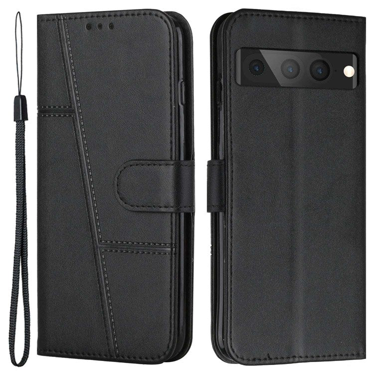 For Google Pixel 7 Pro 5G PU Leather Folio Flip Protective Cover Stitching Design Wrist Strap Wallet Stand Book Case - Black