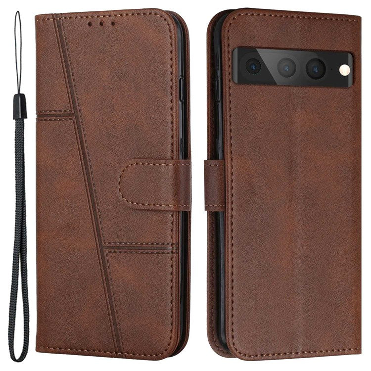 For Google Pixel 7 Pro 5G PU Leather Folio Flip Protective Cover Stitching Design Wrist Strap Wallet Stand Book Case - Brown