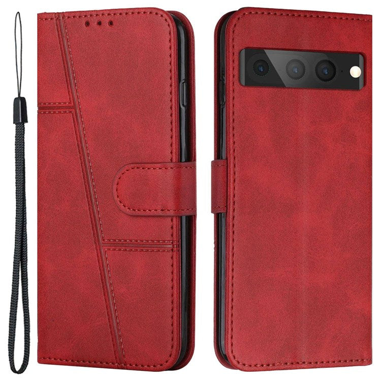 For Google Pixel 7 Pro 5G PU Leather Folio Flip Protective Cover Stitching Design Wrist Strap Wallet Stand Book Case - Red