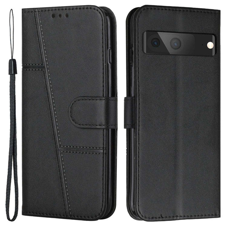 For Google Pixel 7 Stitching PU Leather Wallet Case Hands-Free Stand Magnetic Closure Shockproof Flip Folio Cover with Wrist Strap - Black