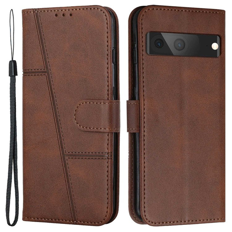 For Google Pixel 7 Stitching PU Leather Wallet Case Hands-Free Stand Magnetic Closure Shockproof Flip Folio Cover with Wrist Strap - Brown