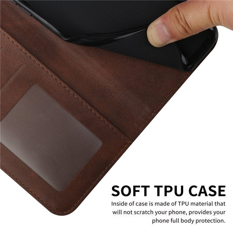 For Google Pixel 7 Stitching PU Leather Wallet Case Hands-Free Stand Magnetic Closure Shockproof Flip Folio Cover with Wrist Strap - Brown