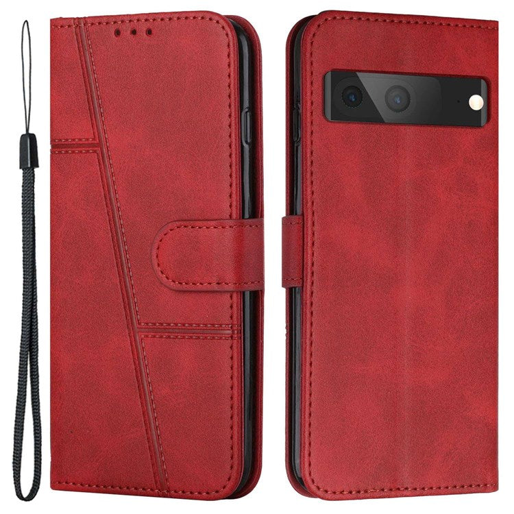 For Google Pixel 7 Stitching PU Leather Wallet Case Hands-Free Stand Magnetic Closure Shockproof Flip Folio Cover with Wrist Strap - Red