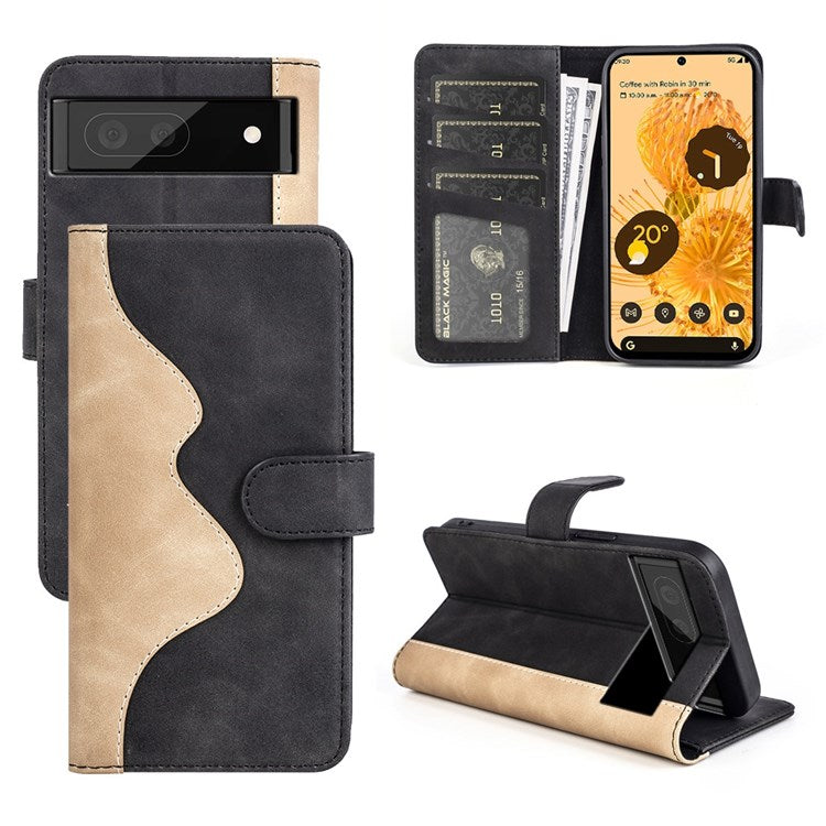 Splicing Leather Case for Google Pixel 7, Folio Flip Stand Wallet Mobile Phone Cover - Black