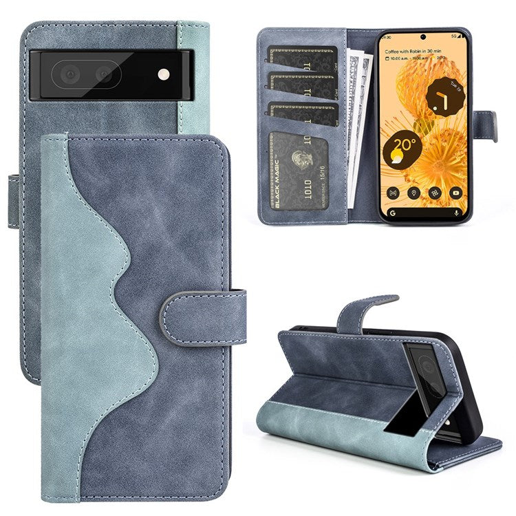 Splicing Leather Case for Google Pixel 7, Folio Flip Stand Wallet Mobile Phone Cover - Blue