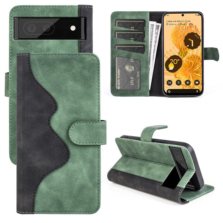 Splicing Leather Case for Google Pixel 7, Folio Flip Stand Wallet Mobile Phone Cover - Green