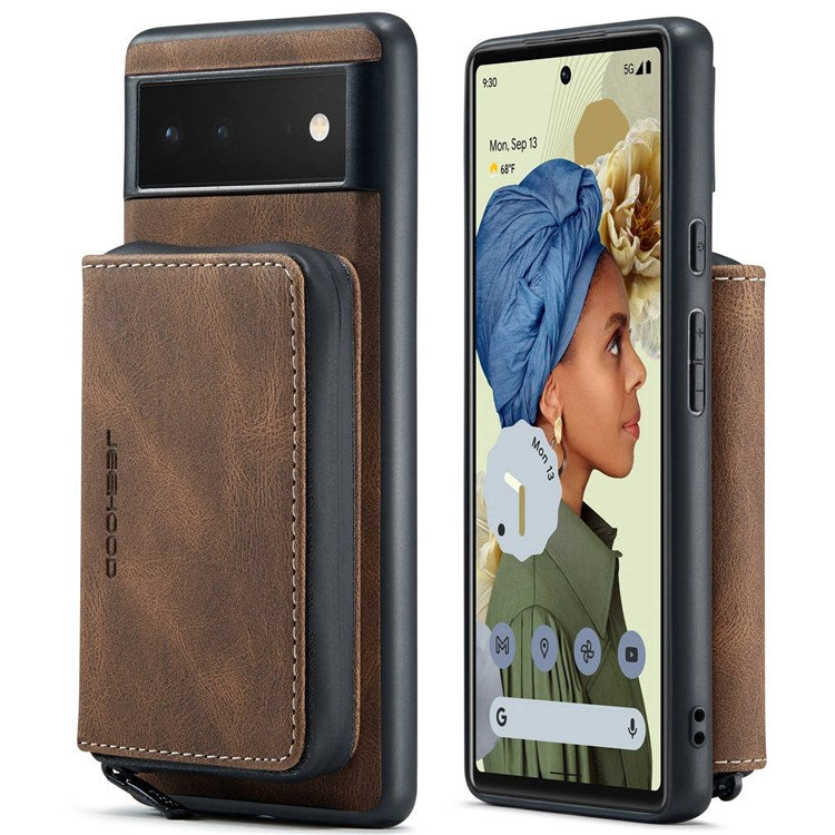 JEEHOOD For Google Pixel 7 Kickstand Zipper Wallet Phone Case Detachable Leather Coated TPU Phone Case - Brown