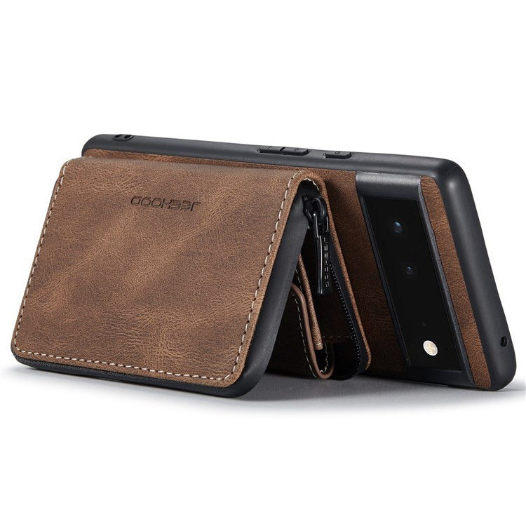 JEEHOOD For Google Pixel 7 Kickstand Zipper Wallet Phone Case Detachable Leather Coated TPU Phone Case - Brown