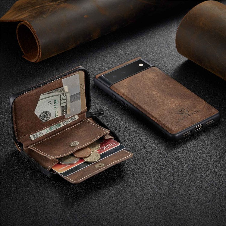 JEEHOOD For Google Pixel 7 Kickstand Zipper Wallet Phone Case Detachable Leather Coated TPU Phone Case - Brown