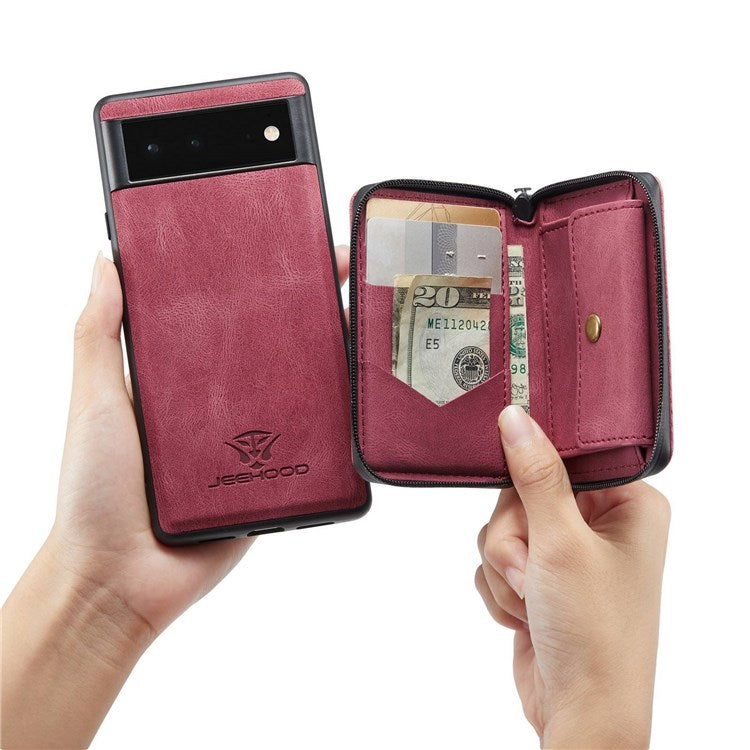 JEEHOOD For Google Pixel 7 Kickstand Zipper Wallet Phone Case Detachable Leather Coated TPU Phone Case - Red