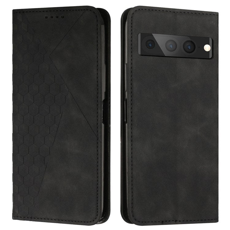 PU Leather + TPU Phone Case for Google Pixel 7 Pro 5G, Stand Design Rhombus Pattern Imprinted Cover with Wallet - Black