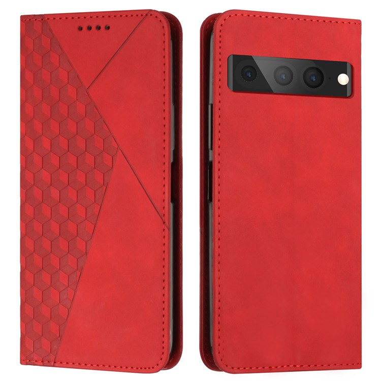 PU Leather + TPU Phone Case for Google Pixel 7 Pro 5G, Stand Design Rhombus Pattern Imprinted Cover with Wallet - Red