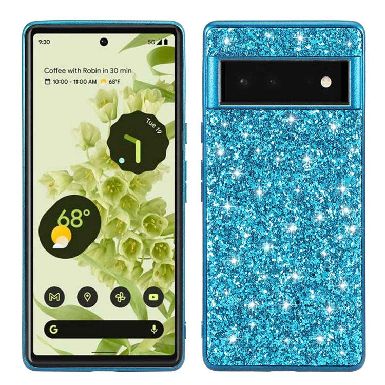 For Google Pixel 7 Pro 5G Shiny Glitter Sequins Electroplating Phone Case TPU Bumper + PC Back Cover - Blue