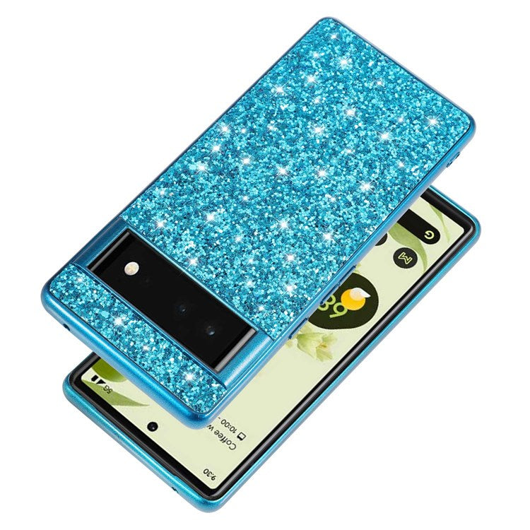 For Google Pixel 7 Pro 5G Shiny Glitter Sequins Electroplating Phone Case TPU Bumper + PC Back Cover - Blue