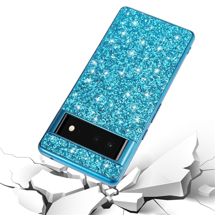 For Google Pixel 7 Pro 5G Shiny Glitter Sequins Electroplating Phone Case TPU Bumper + PC Back Cover - Blue