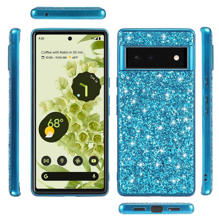 For Google Pixel 7 Pro 5G Shiny Glitter Sequins Electroplating Phone Case TPU Bumper + PC Back Cover - Blue