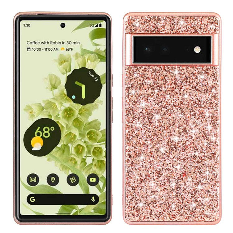 For Google Pixel 7 Pro 5G Shiny Glitter Sequins Electroplating Phone Case TPU Bumper + PC Back Cover - Rose Gold