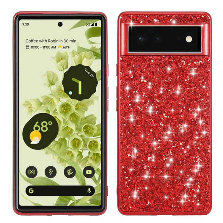 For Google Pixel 7 Pro 5G Shiny Glitter Sequins Electroplating Phone Case TPU Bumper + PC Back Cover - Red