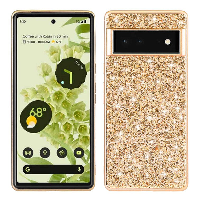 For Google Pixel 7 Pro 5G Shiny Glitter Sequins Electroplating Phone Case TPU Bumper + PC Back Cover - Gold