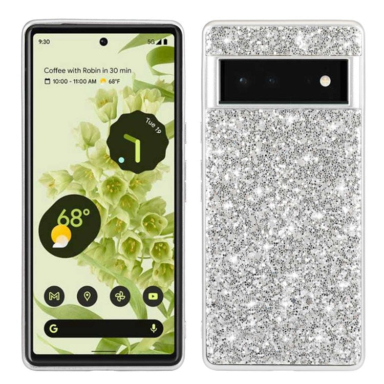 For Google Pixel 7 Pro 5G Shiny Glitter Sequins Electroplating Phone Case TPU Bumper + PC Back Cover - Silver