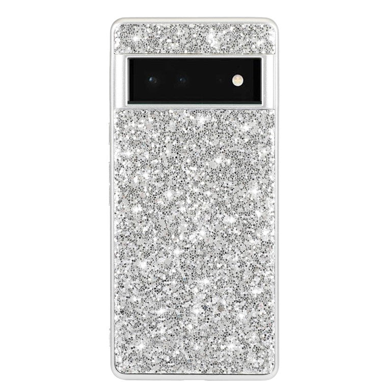 For Google Pixel 7 Pro 5G Shiny Glitter Sequins Electroplating Phone Case TPU Bumper + PC Back Cover - Silver