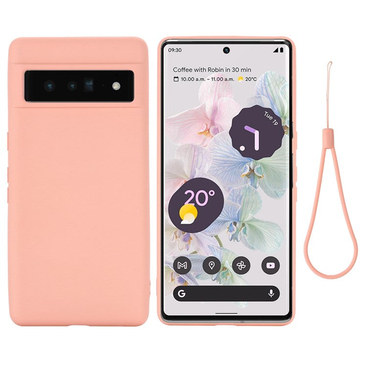 For Google Pixel 7 Pro 5G Liquid Silicone Case Soft Microfiber Lining Shockproof Drop Protection Cover with Strap - Pink