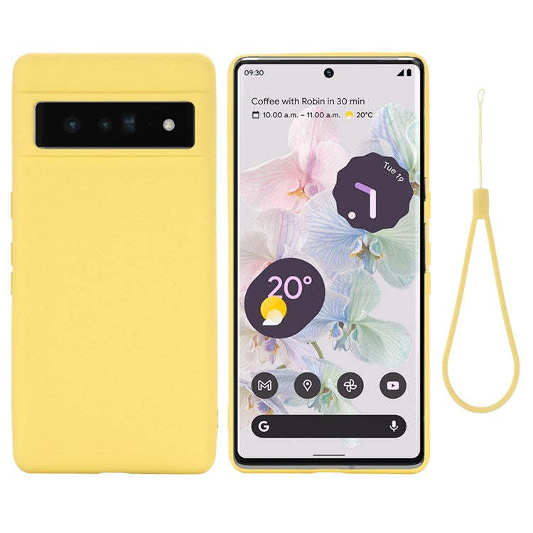 For Google Pixel 7 Pro 5G Liquid Silicone Case Soft Microfiber Lining Shockproof Drop Protection Cover with Strap - Yellow