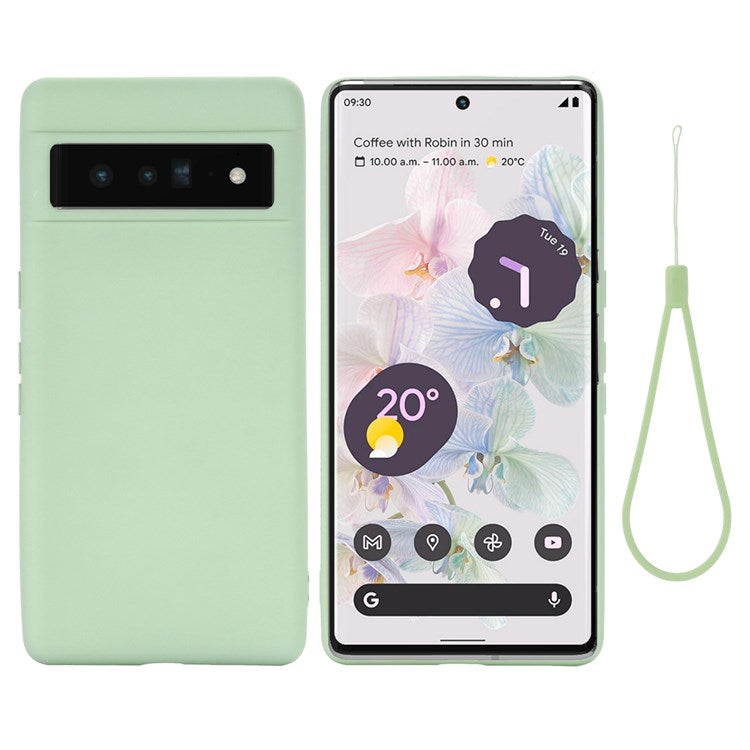 For Google Pixel 7 Pro 5G Liquid Silicone Case Soft Microfiber Lining Shockproof Drop Protection Cover with Strap - Green