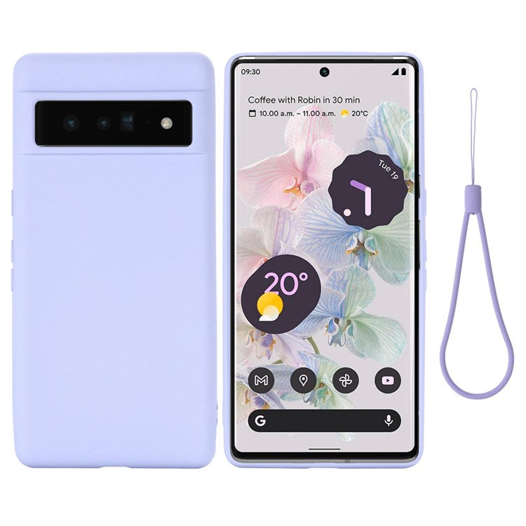 For Google Pixel 7 Pro 5G Liquid Silicone Case Soft Microfiber Lining Shockproof Drop Protection Cover with Strap - Purple