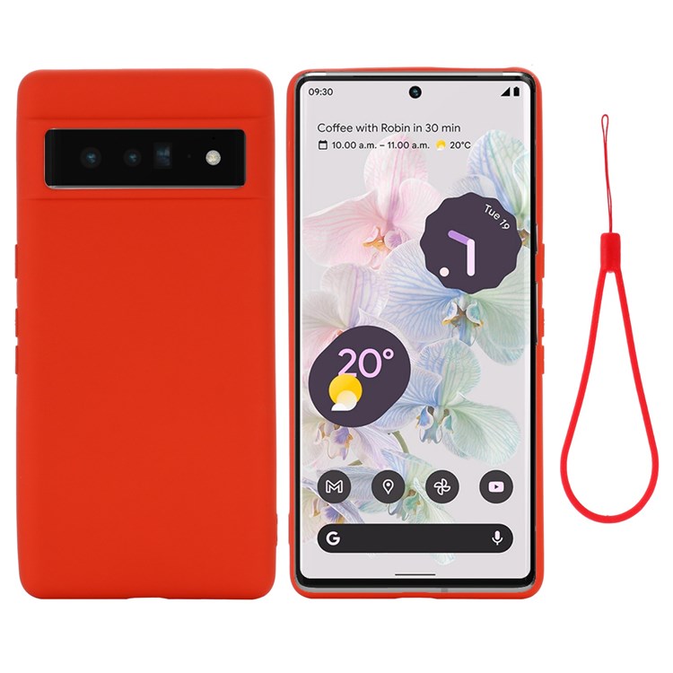 For Google Pixel 7 Pro 5G Liquid Silicone Case Soft Microfiber Lining Shockproof Drop Protection Cover with Strap - Red