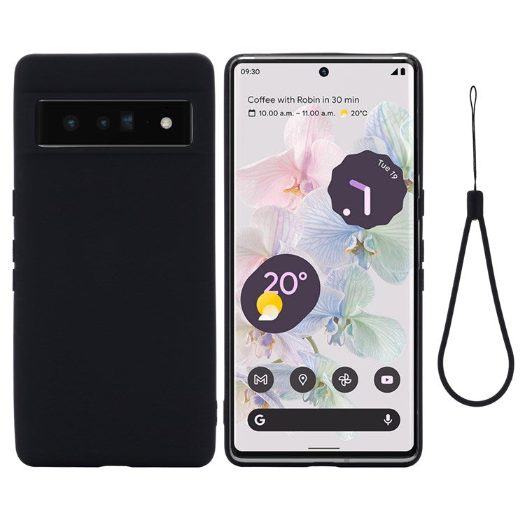 For Google Pixel 7 Pro 5G Liquid Silicone Case Soft Microfiber Lining Shockproof Drop Protection Cover with Strap - Black