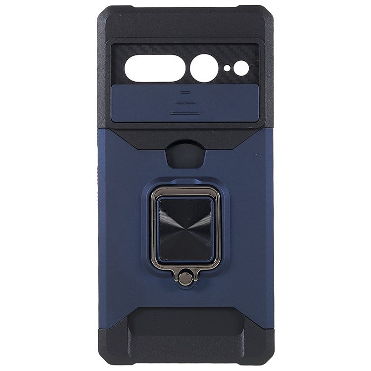 For Google Pixel 7 Pro 5G PC TPU Hybrid Phone Case Cover Slide Camera Lens Protection Kickstand with Card Slot - Navy Blue