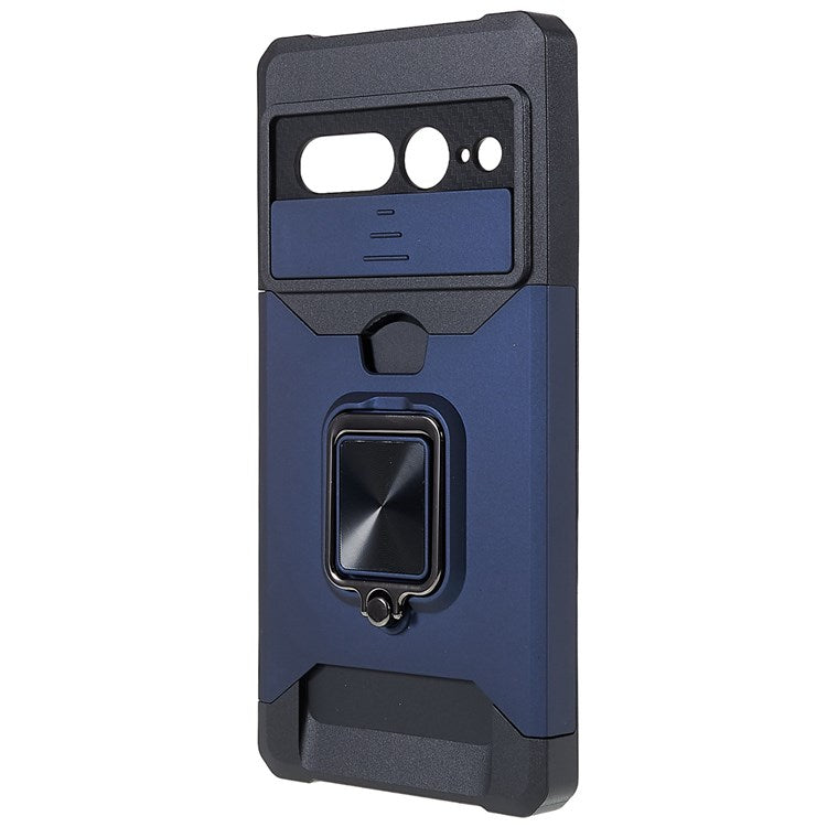 For Google Pixel 7 Pro 5G PC TPU Hybrid Phone Case Cover Slide Camera Lens Protection Kickstand with Card Slot - Navy Blue